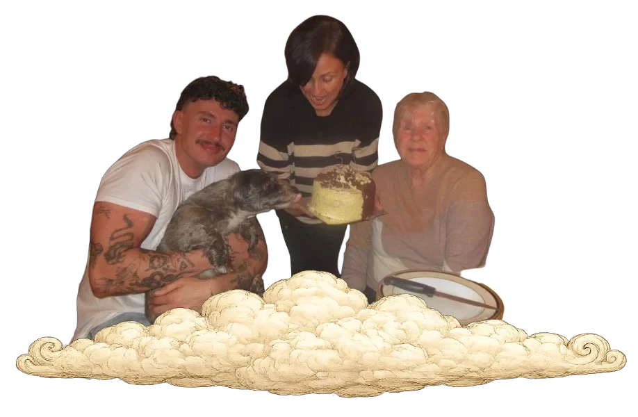Kesto with his mum Tan, his nan Joan, and the dog Marnie